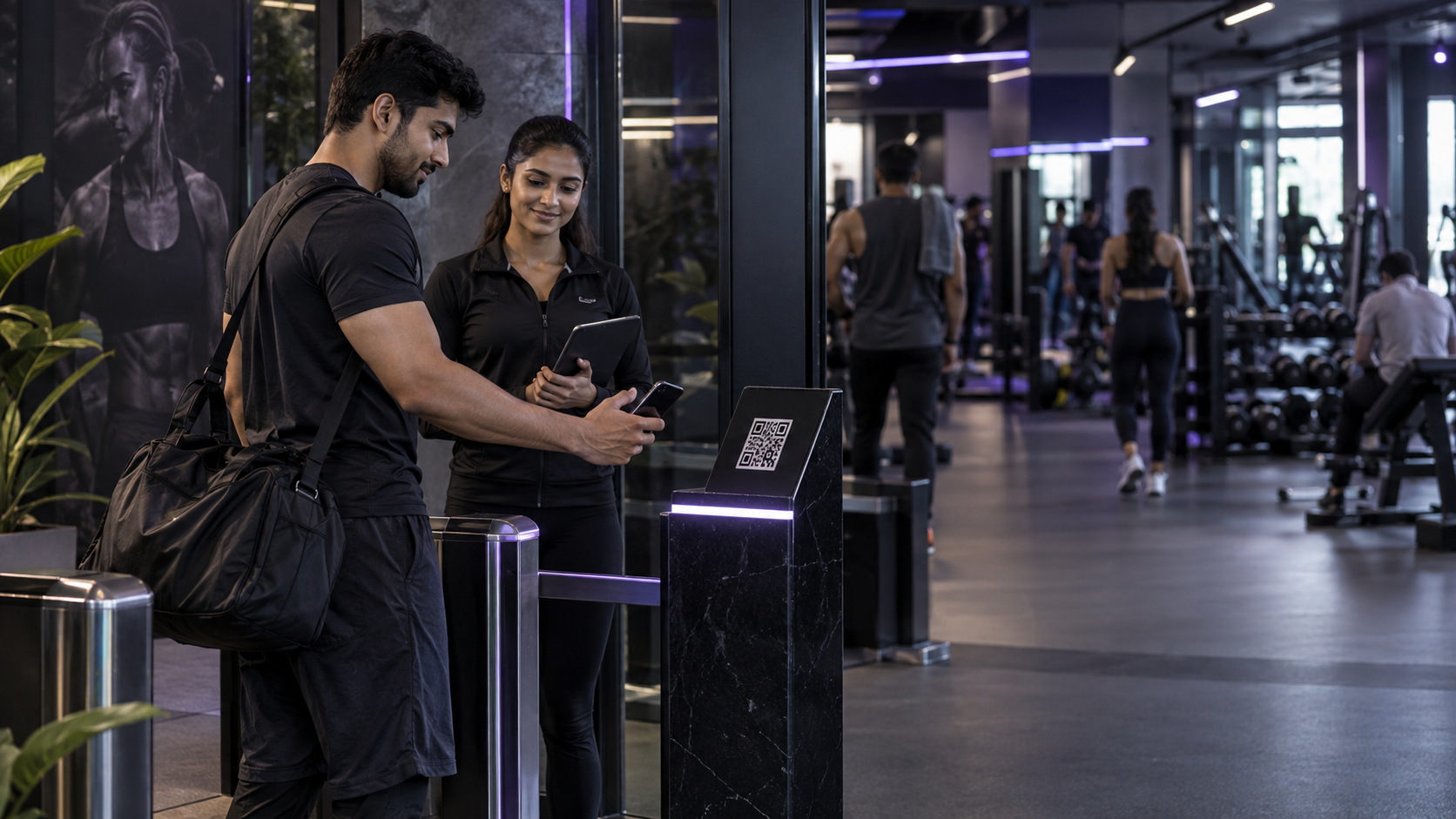 A gym member checking in by QR with a trainer nearby