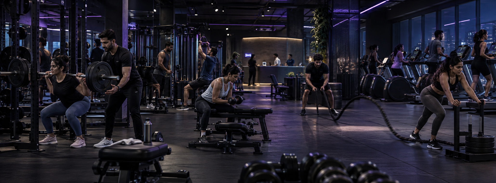 A busy premium Indian gym operating during peak hours