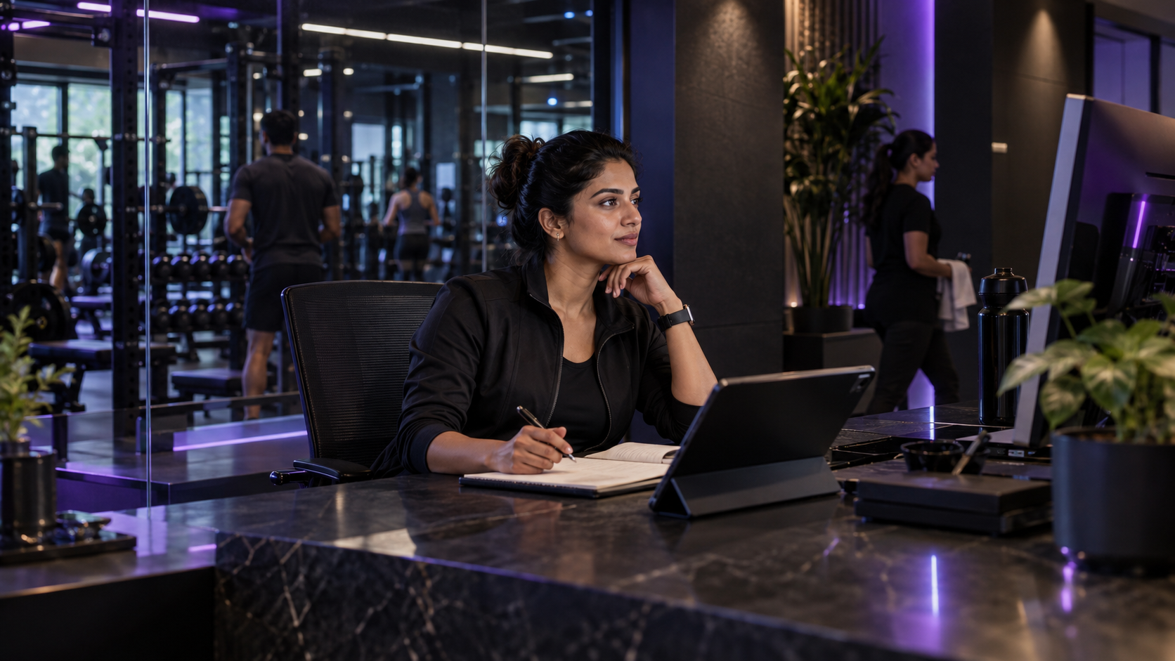 An Indian gym owner working from the front desk